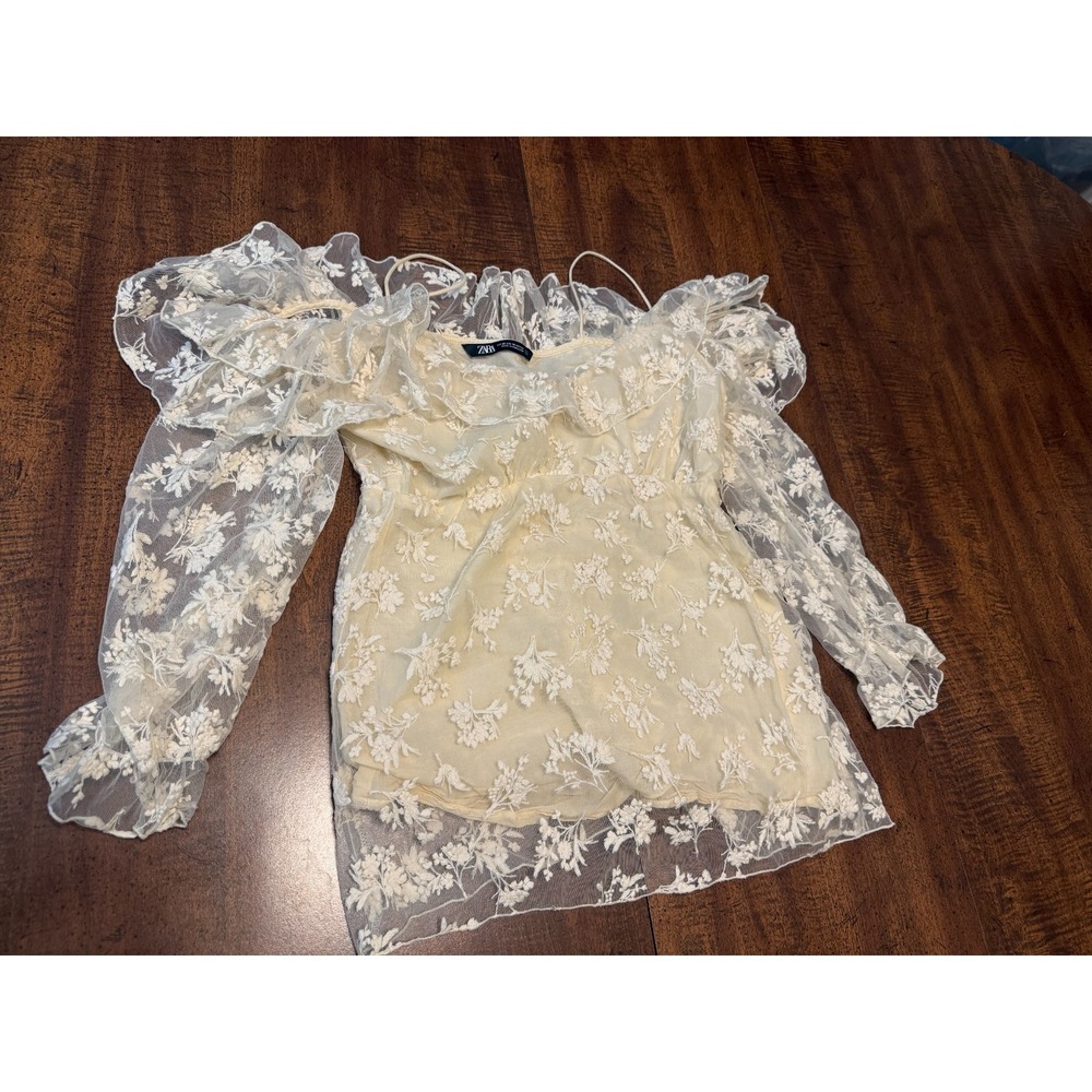 Zara Womens XS Ivory Embroidered Tulle Blouse Floral Ruffle Sleeve Sheer Top